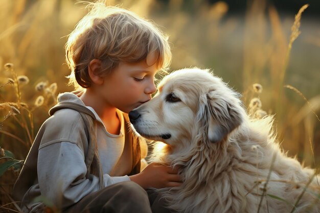 A happy boy gives a sweet kiss to a dog in a big grassy field Generative Ai