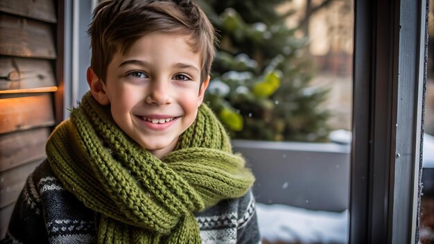 Happy Boy in Green Knit Scarf Smiling Through Window