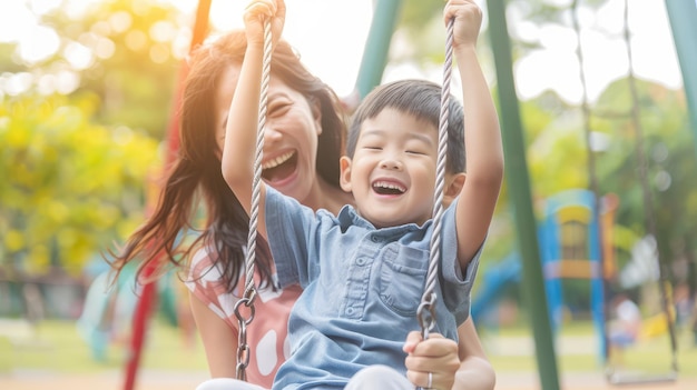 A happy boy and his mother are enjoying swinging on the playground showcasing a happy family concept ar 169 Job ID 349a0229536544c4ac26980fd31218ff