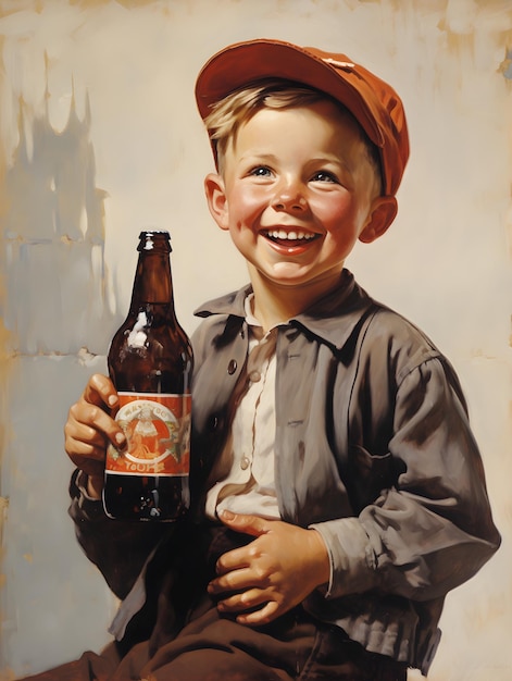 A happy boy holding a beer