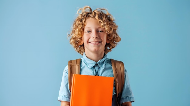 Happy Boy Holding an Orange Notebook with Backpack