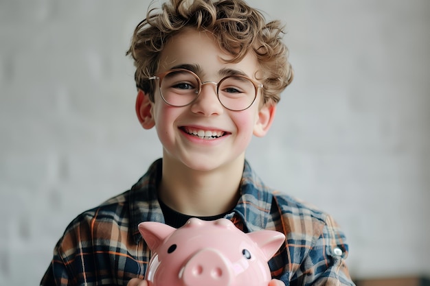 Happy Boy Holding a Piggy Bank