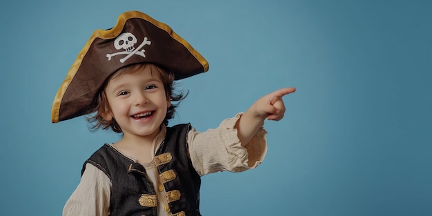 Happy Boy in Pirate Hat Pointing for Halloween on Blue Background