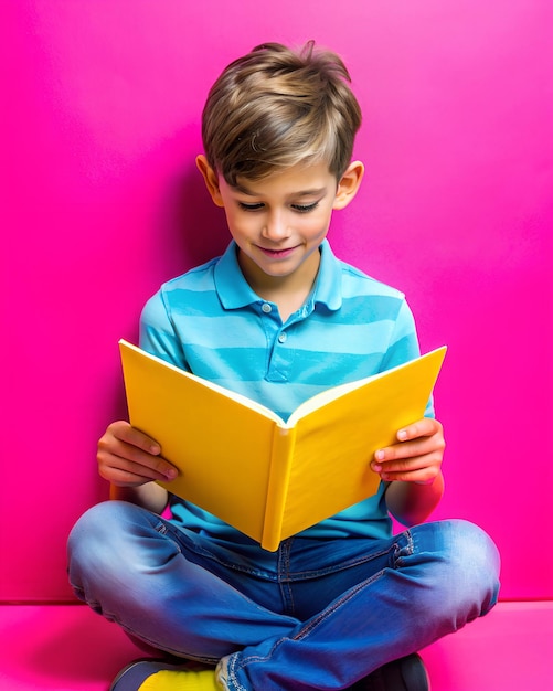 Happy Boy Reading a Yellow Book in Front of a Bright Pink Wall