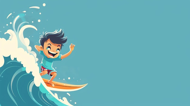 A happy boy riding a surfboard on a wave