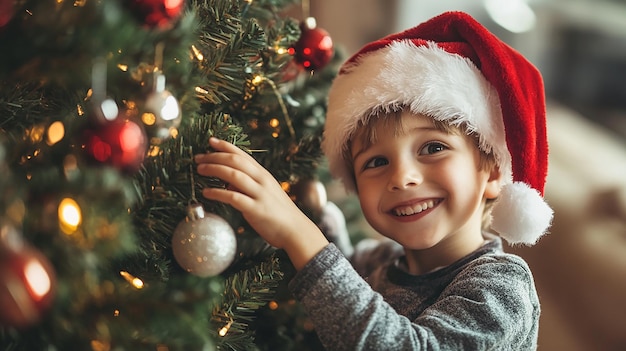 Photo happy boy in santa cap decorating christmas tree