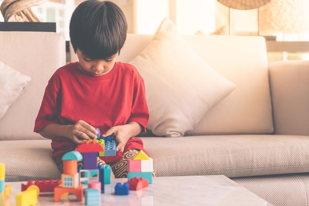 Happy boy stacking Toy blocks on a living room for educational toy