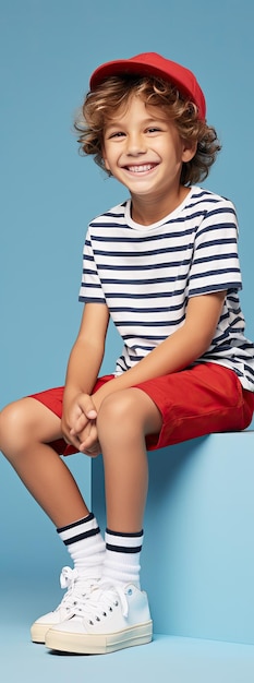 Happy boy in stylish polo shirt smiling and looking sideways on skateboard against blue background with room for text