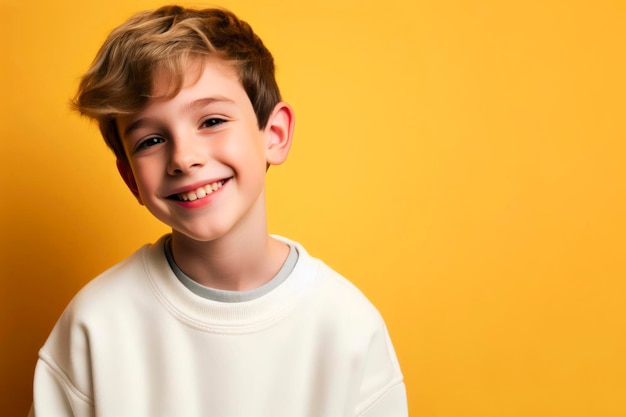 Happy boy wearing white sweatshirt mockup at yellow background ai generative