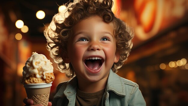 Happy Boy with Curly Hair Enjoying Ice Cream Cone