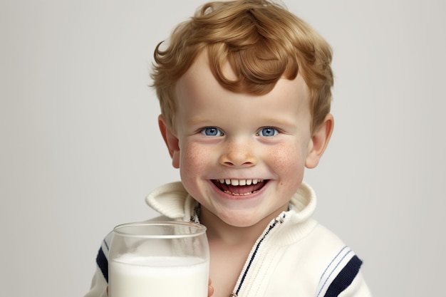 Happy boy with a glass of milk ideal for his healthy growth isolated white studio background AI generated