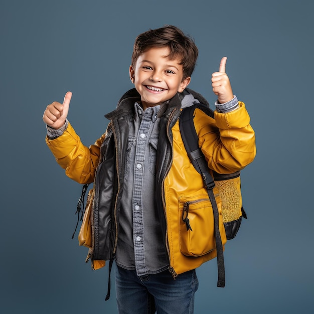 Happy boy with a school backpack back to school concept