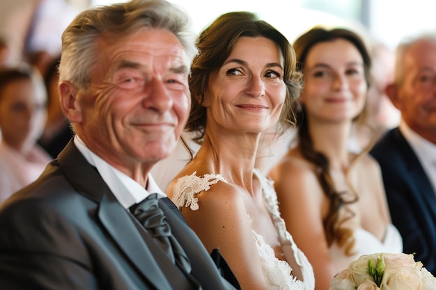 Photo happy bride and father at wedding ceremony smiling