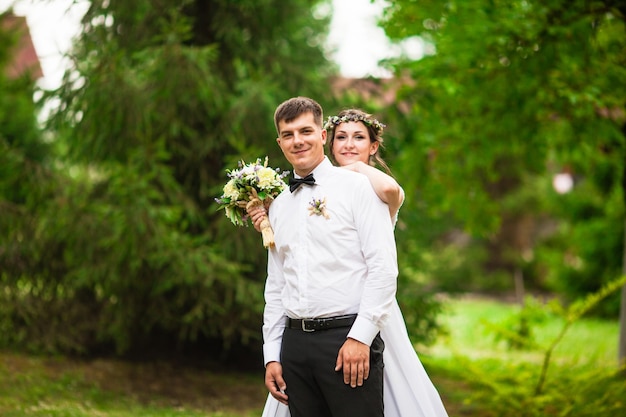 Happy bride and groom after wedding ceremony