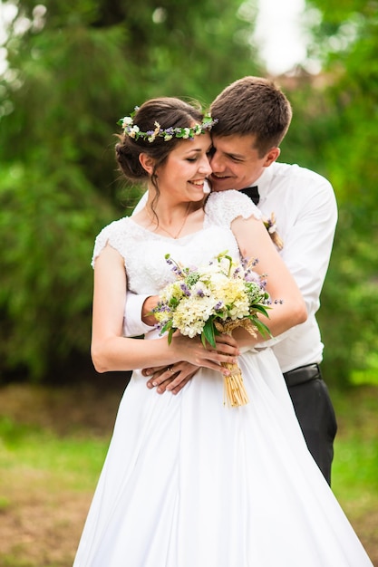 Happy bride and groom after wedding ceremony