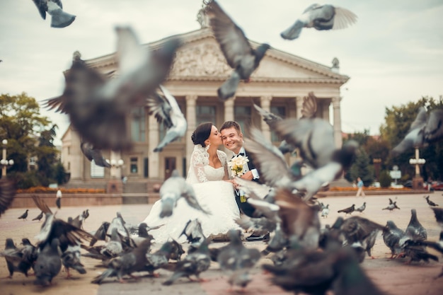 Happy bride and groom kissing between pigeons