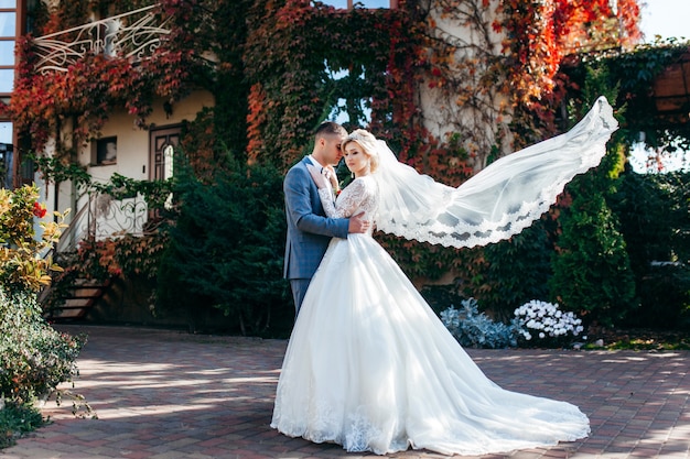 Happy bride and groom outdoor