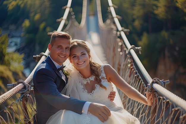 Photo happy bride and groom sitting on suspension bridge for sunny wedding photos