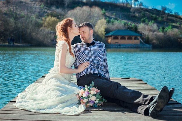 Happy bride and groom on their wedding day