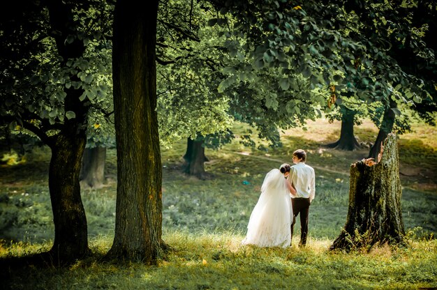 happy bride and groom on a walk in beautiful forest