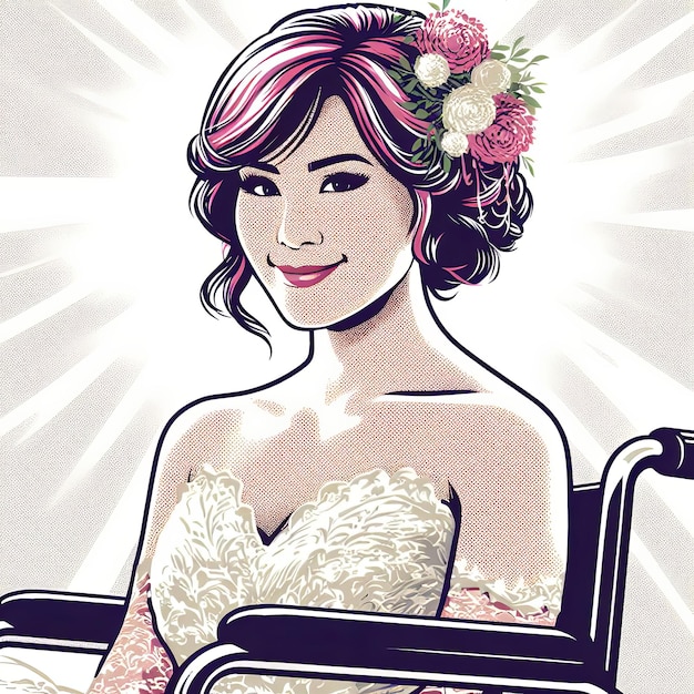 Happy bride in wheelchair with flowers in her hair and a smile