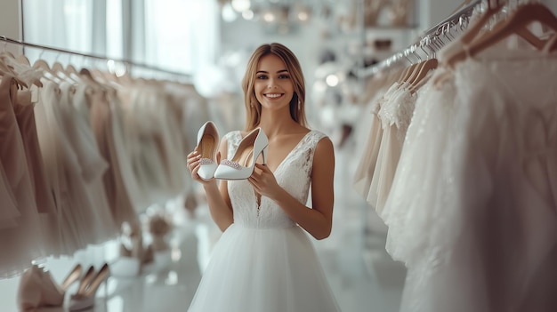 Photo happy bride in a white dress holds up a pair of sparkly white heels while standing in a bridal shop