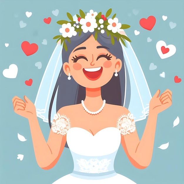 Photo happy bride with bouquet illustration flat style great for wedding postcard