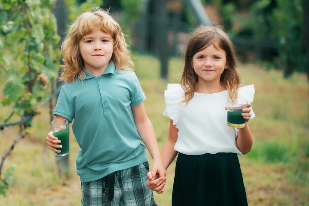 Photo happy brother and sister walking outdoors in summer park outdoors little boy and girl kids enjoying