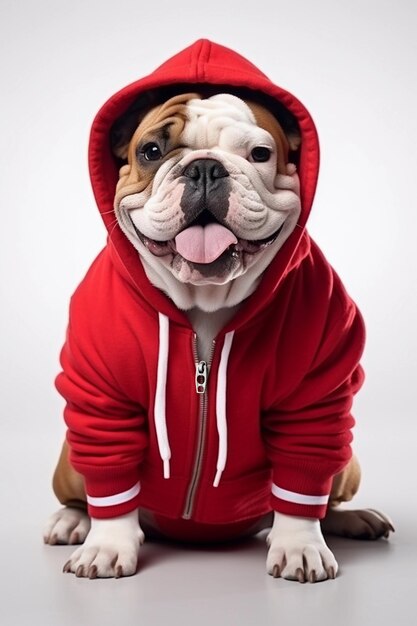 Photo happy bulldog with red hoodie