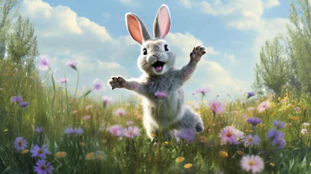 A happy bunny hopping through a meadow AI generated