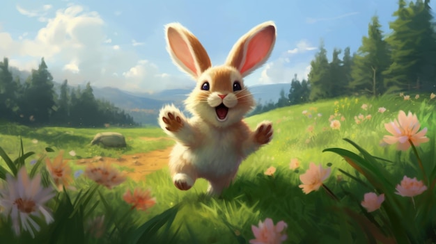 A happy bunny hopping through a meadow AI generated