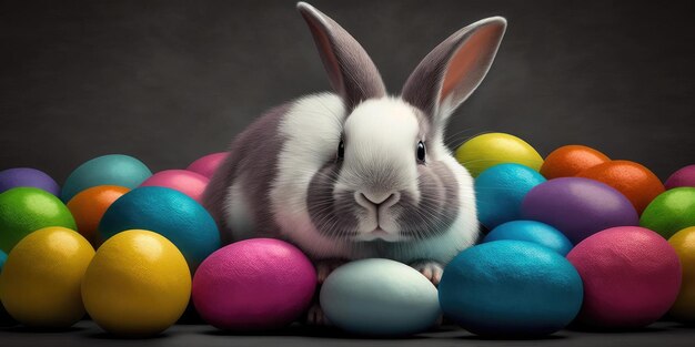 Happy bunny rabbit with easter eggs Colorful Easter holiday celebration