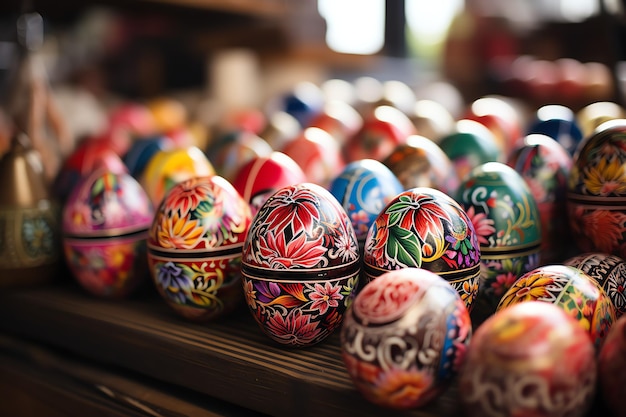 Happy bunny with many colorful easter eggs Easter day concept with bunny nest candy or flower