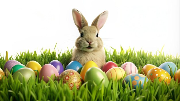 happy bunny with many easter eggs on grass festive background for decorative design