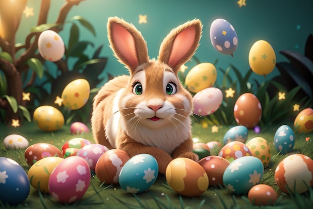 Happy bunny with many easter eggs on grass festive background for decorative design