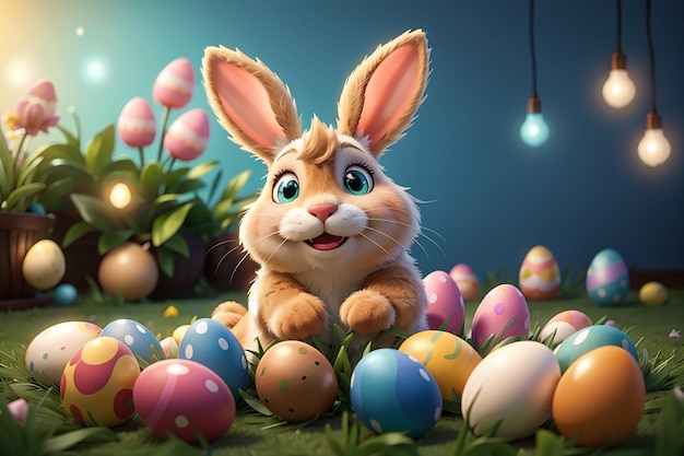 Happy bunny with many easter eggs on grass festive background for decorative design