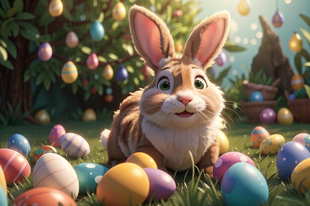 Happy bunny with many easter eggs on grass festive background for decorative design