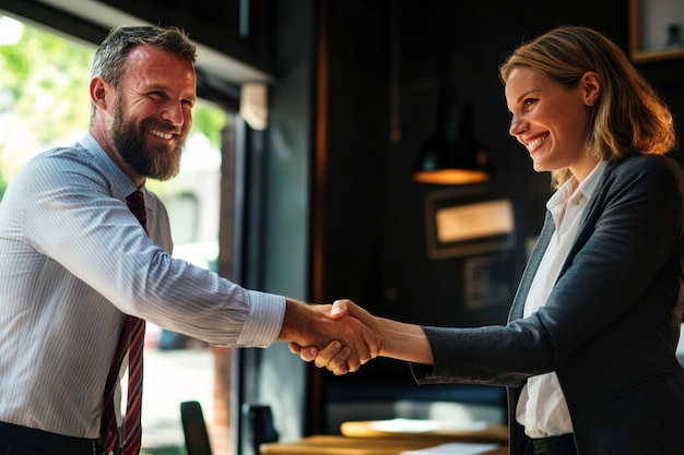 Happy business partners shaking hands after finali