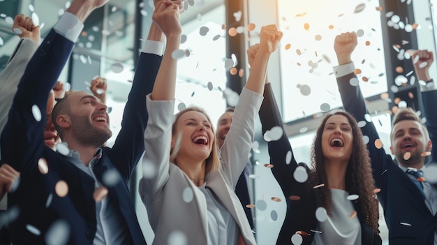 Happy business people joyfully raise their hands together in celebration of success