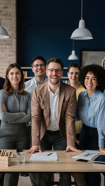 Happy business people portrait of group by desk for company commitment or collaboration