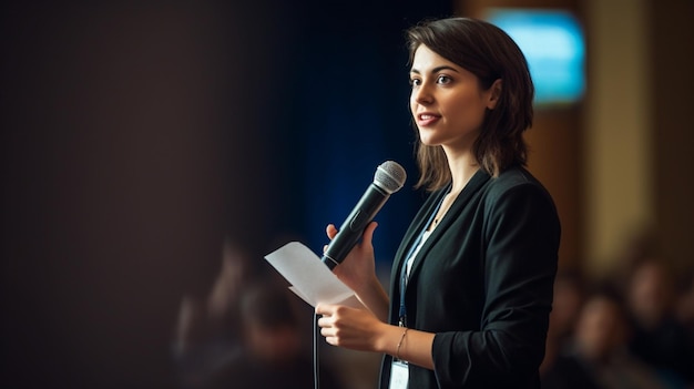 Happy business woman Giving a speech with confidence and charisma at conference with Gener