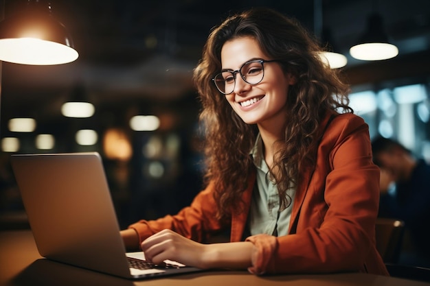 Happy business woman working on her laptop Generative Ai