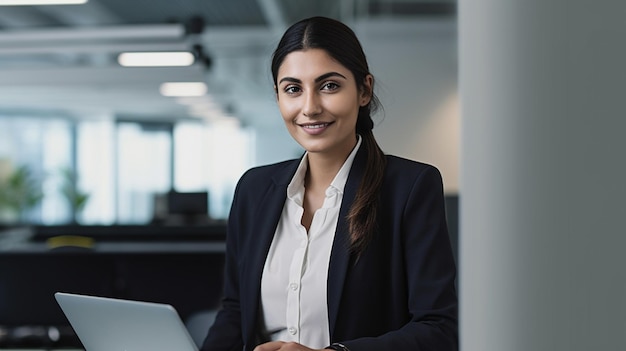 Happy business woman working with laptop In a clean and bright office with Generative AI