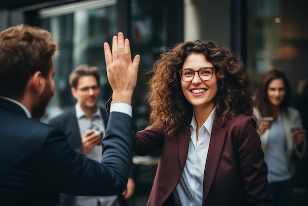 A happy business women doing hello