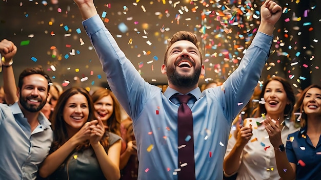 Happy businessman celebrates success with team and confetti in office