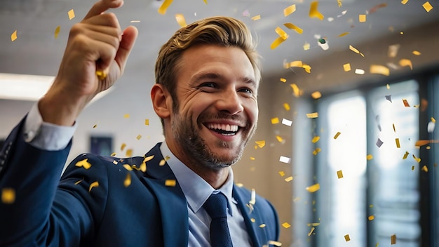 Happy businessman celebrates success with team and confetti in office