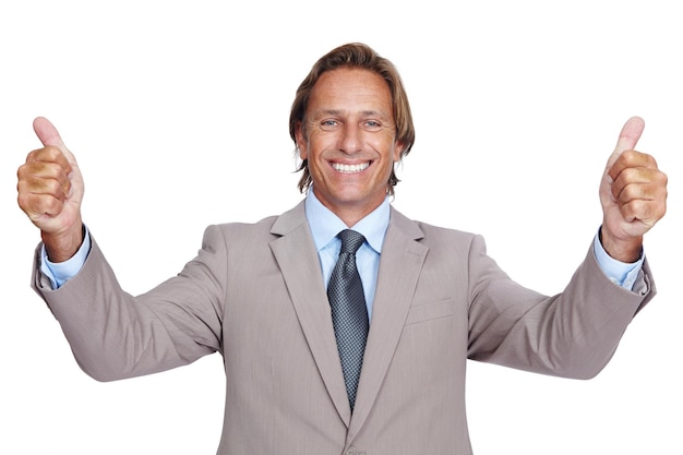 Happy businessman portrait and thumbs up hands on isolated white background in success growth or motivation Smile mature and leadership thumb in yes gesture winner emoji and good luck on mock up