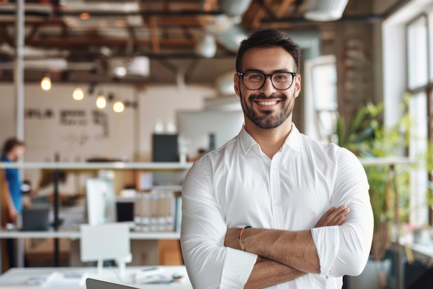 Happy businessman with laptop in office business people technology