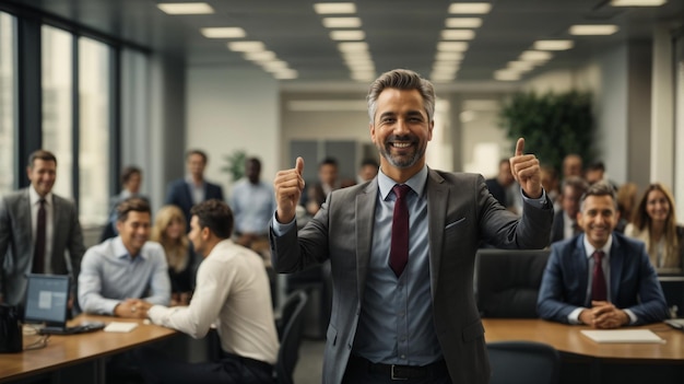 Happy businessman with win gesture standing in front of his colleagues in office