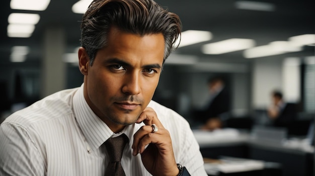 Happy businessman with win gesture standing in front of his colleagues in office